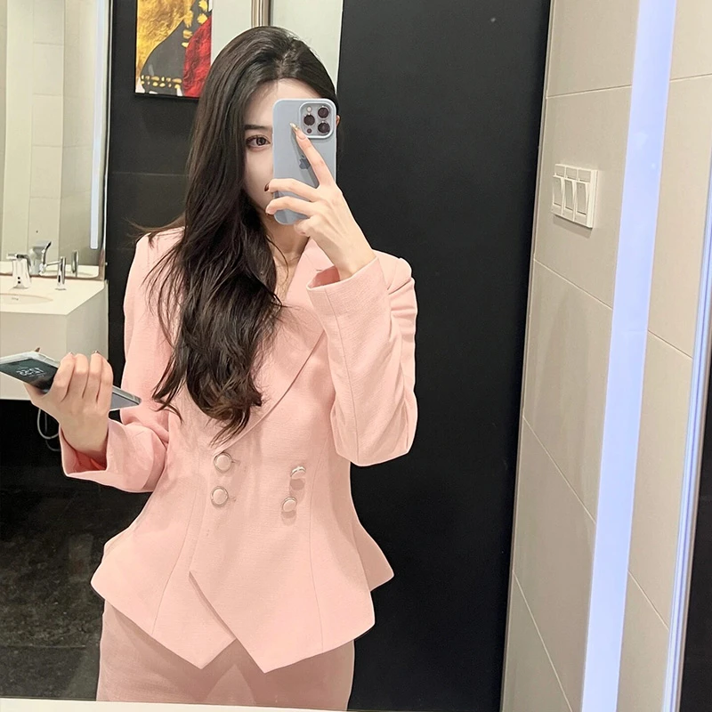 春季高级感粉色金秘书时尚显瘦西服包臀裙西装套装女设计感两件套