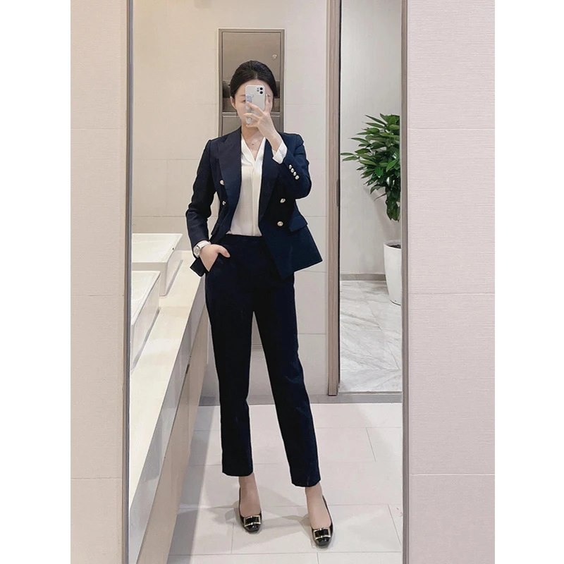 高级感藏青色西装套装2024年秋冬新款显瘦小西服工作服前台职业装