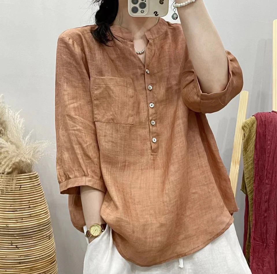 文艺小V领显瘦百搭斜纹苎麻小衫夏季休闲简约
