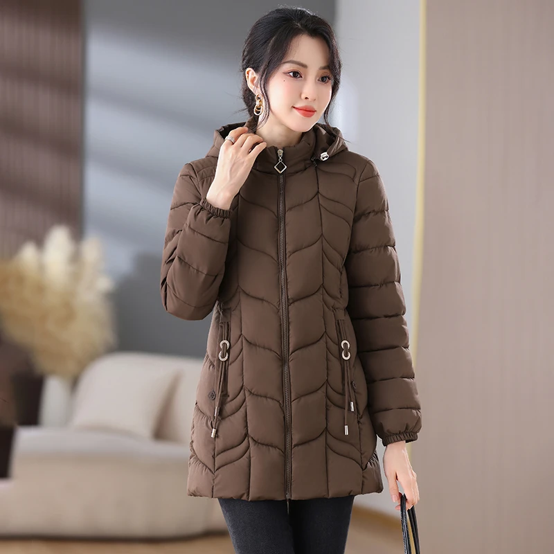 2024新款棉衣冬季加厚收腰棉服女中长款带帽子中老年妈妈洋气棉袄