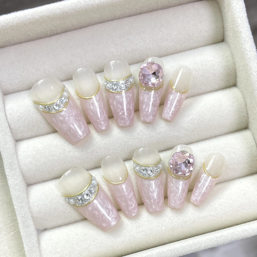 穿戴甲手工穿戴甲云母鎏金粉色轻奢贝壳温柔纯欲美甲贴片女高级轻