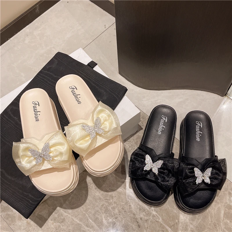 蝴蝶结厚底凉拖夏季新款外穿水钻仙女风沙滩一字凉拖鞋女