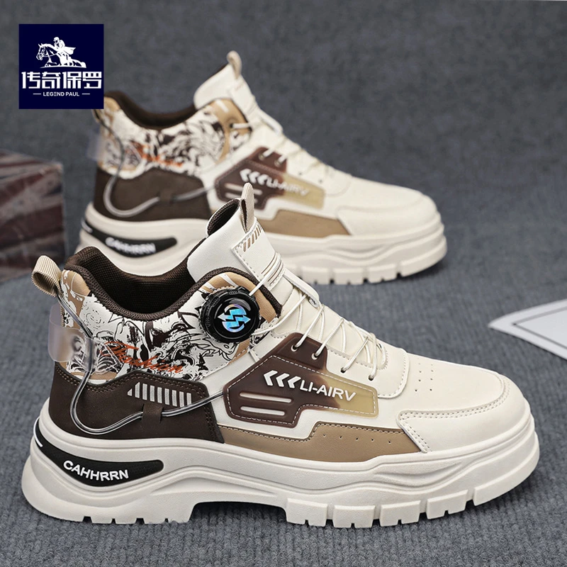 传奇保罗男鞋秋季新款高帮旋转纽扣运动休闲鞋防滑耐磨工装马丁靴