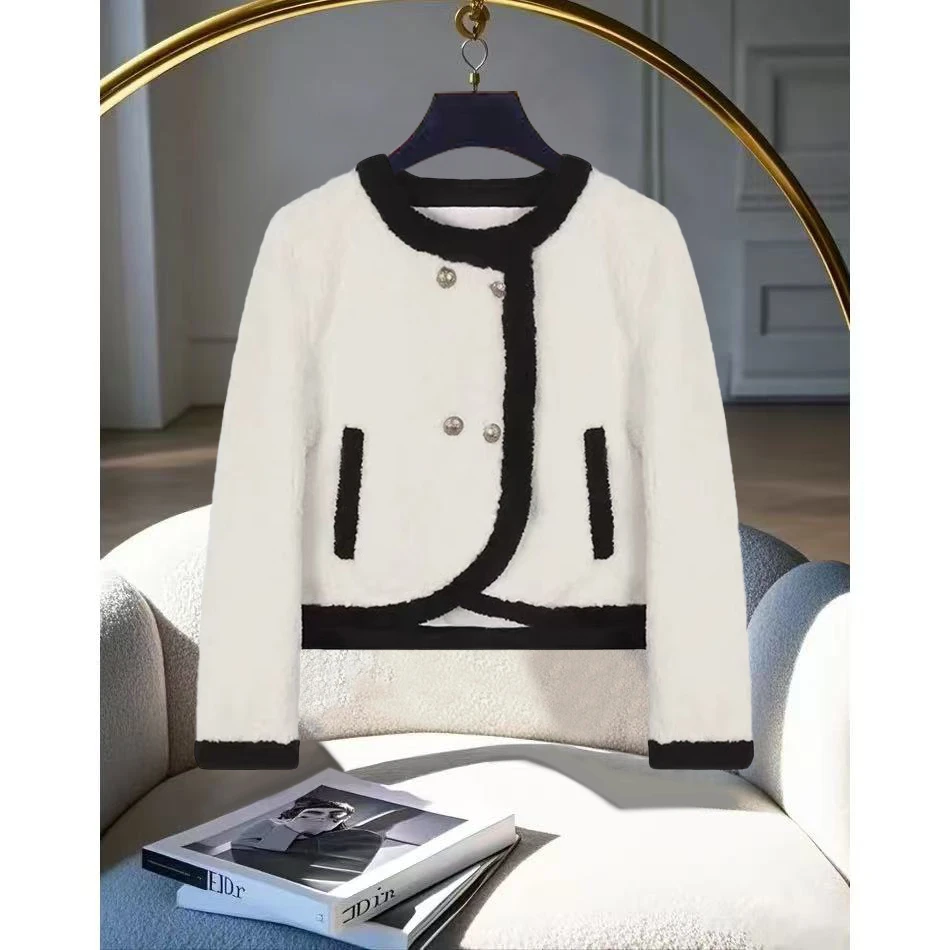 秋冬穿搭小香风套装名媛气质短款毛毛外套百搭时尚撞色网红外套