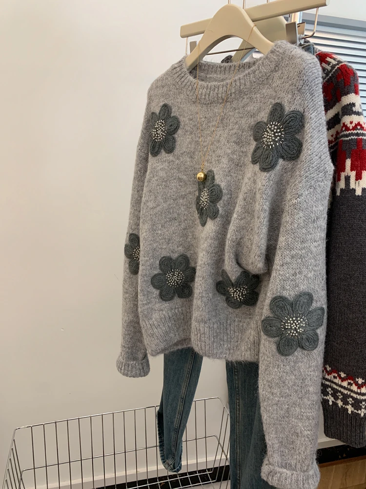 灰色刺绣圆领宽松套头外穿毛衣女士小个子加厚慵懒风高级感设计感