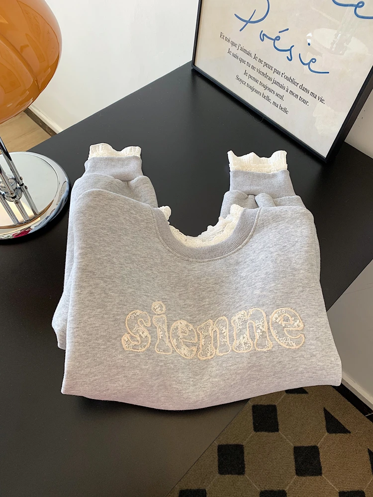 无帽蕾丝假两件加绒加厚正肩套头长袖卫衣女款小个子宽松显瘦韩系