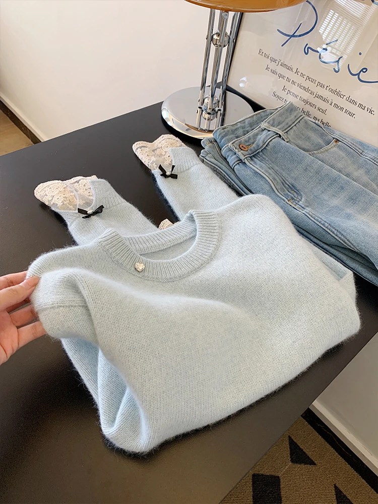 蓝色奶呼呼软糯针织衫蝴蝶结毛衣女气质设计感上衣打底内搭高级感