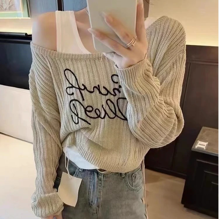 【两件套】韩版早秋新款时尚镂空字母设计针织衫加气质纯色上衣7305