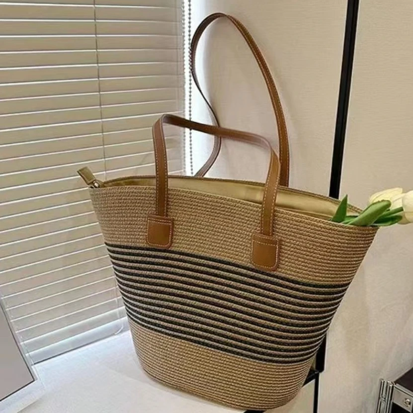 [遇见]硬底托升级斑马纹草编包托特包（大号）时尚休闲度假包/