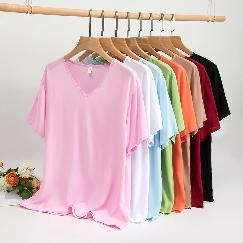 棉绸睡衣女夏季薄款纯色上衣宽松V领短袖t恤人造棉大码休闲家居服