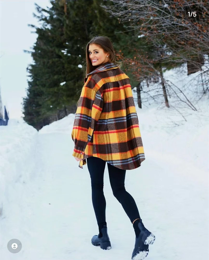 女士格子翻领毛呢外套长款单排钮扣修身显瘦洋气时尚百搭款号D401