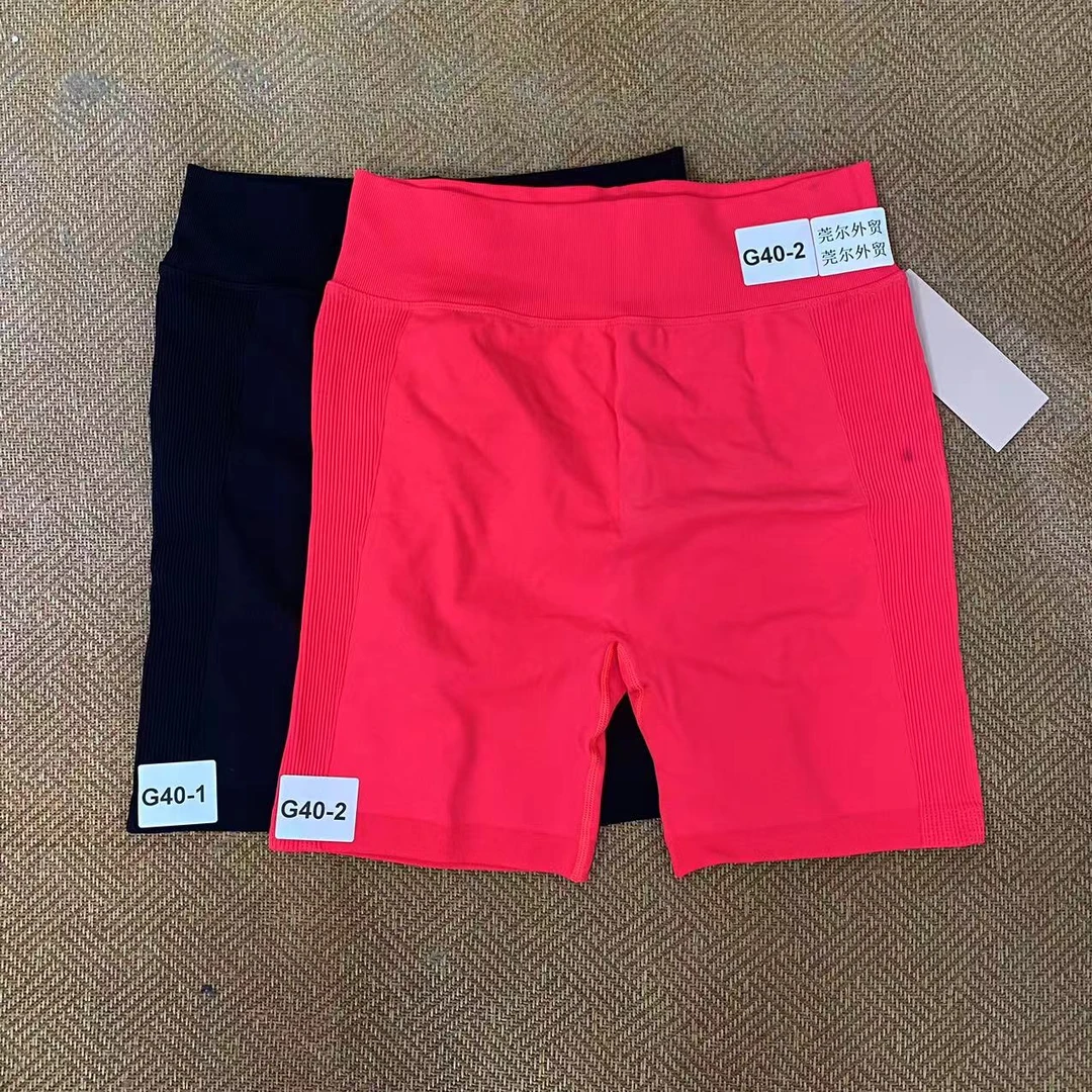 款号G40 健身裤女短裤紧身欧美蜜桃美臀菊花裤褶皱高腰提臀健身