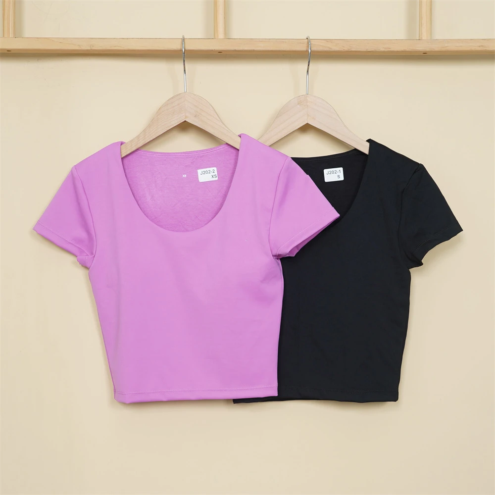 瑕疵链接J202 运动短款健身t恤圆领短袖高弹自带胸垫紧身半袖露脐