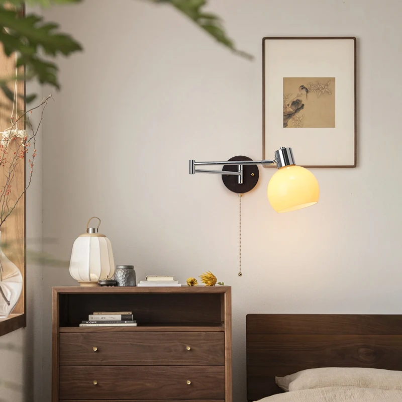 中古风卧室床头壁灯可位移包豪斯vintage奶油风折叠伸缩柿子灯具