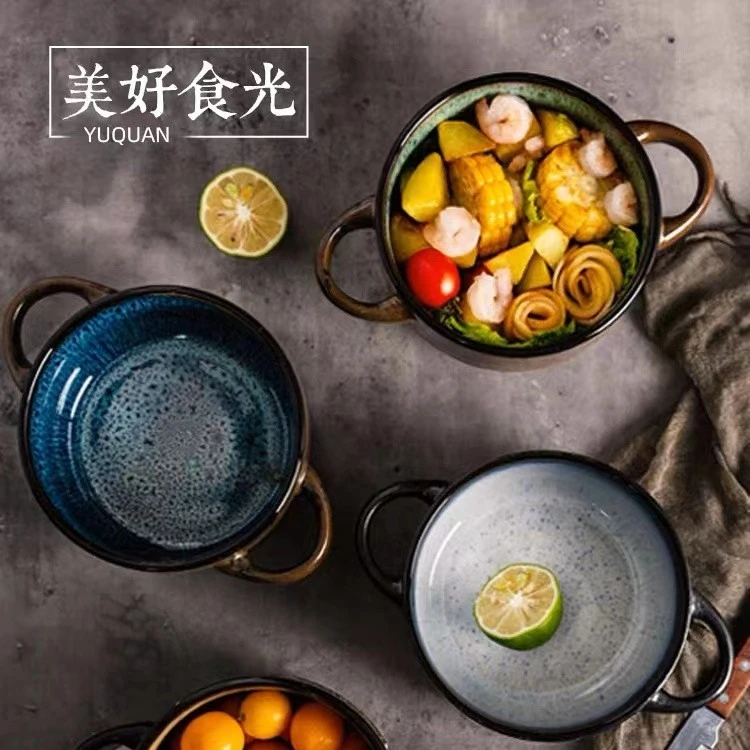 玉泉双耳碗家用大号陶瓷餐具创意网红泡面碗沙拉碗单个复古大容量