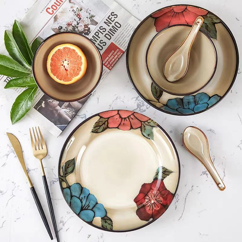 玉泉花韵中式复古田园手绘碗盘碗碟饭碗面碗平盘汤盘家用加厚防烫