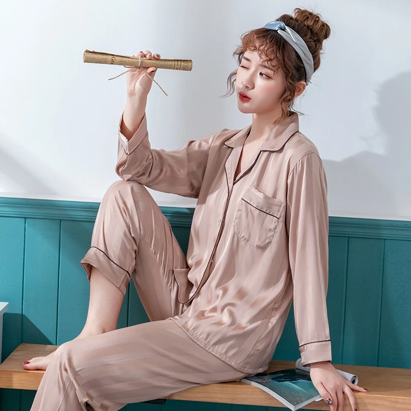 【0718浅咖】睡衣春秋冰丝绸长袖套装女士薄款家居服两件套