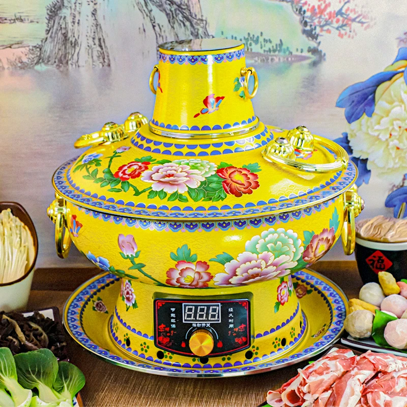 老北平珐琅彩家用中式复古加厚纯紫铜火锅涮肉插电铜火锅手工耐用