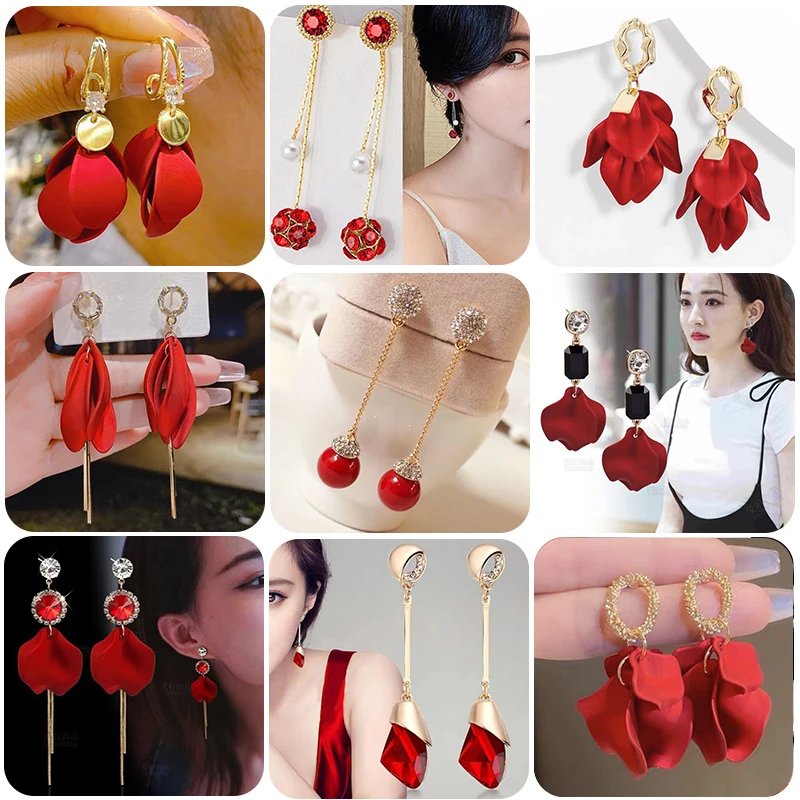 合金仿水晶耳饰 银针红色个性过年长款精致优雅耳钉中式花瓣耳环