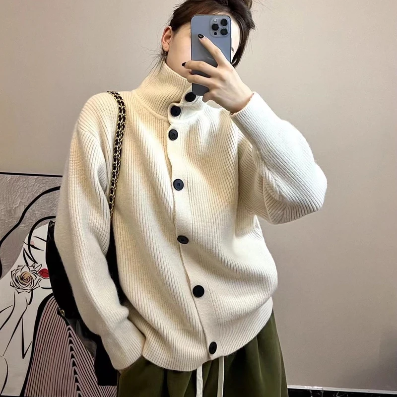 复古纯色毛衣开衫外套女2024新款简约宽松慵懒风高领单排扣针织衫