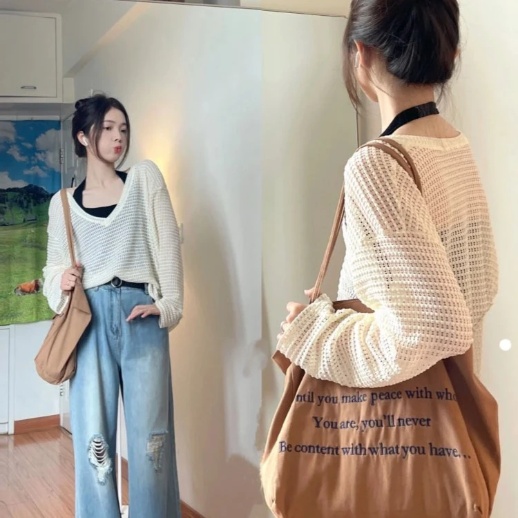 辣妹针织衫镂空长袖上衣女2023年春夏新款宽松V领防晒外搭罩衫薄