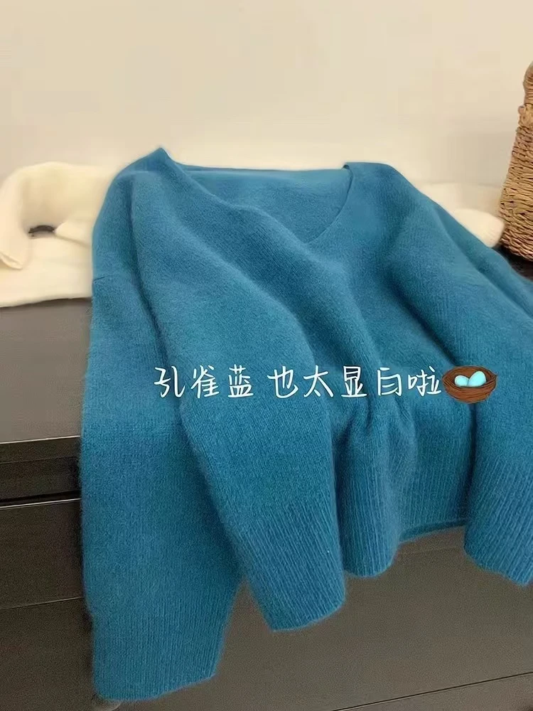 孔雀蓝v领针织衫女秋冬慵懒纯色毛衣2025新款打底衫宽松长袖上衣