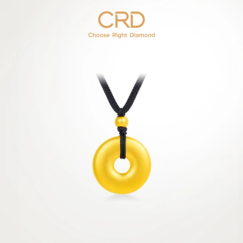 CRD克徕帝足金999古法平安扣黄金吊坠挂坠男编织黑绳项链女送礼