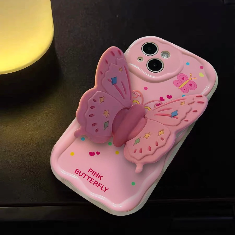 高级少女粉蝴蝶支架苹果14promax手机壳iphone13/12/11全包xr软套