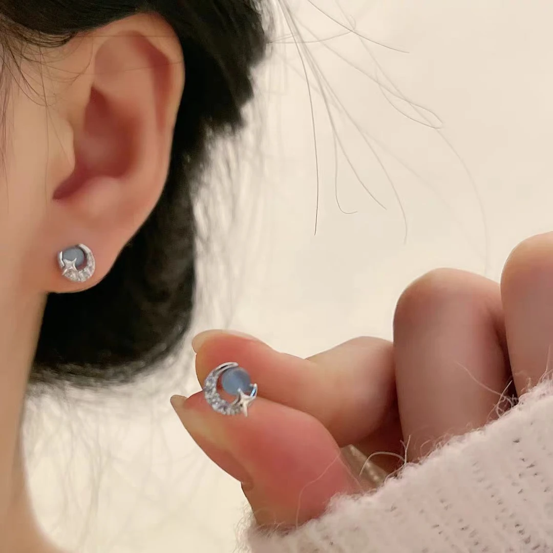 铜合金耳饰 小巧清新星月耳钉蓝色百搭简约小众气质通勤耳饰E2079