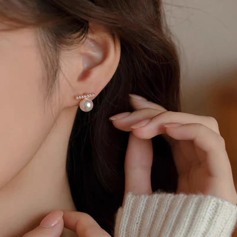 铜合金耳饰 A简约气质珠珠耳钉平衡木设计感时尚优雅耳饰E1411
