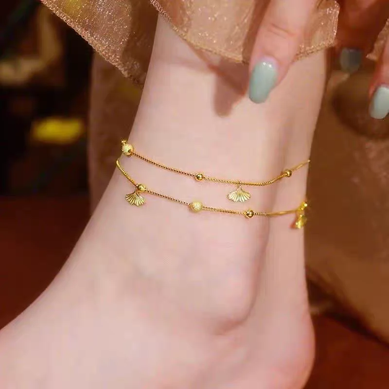 铜合金脚链 A复古银杏叶脚链双层气质新中式复古国风饰品E2168