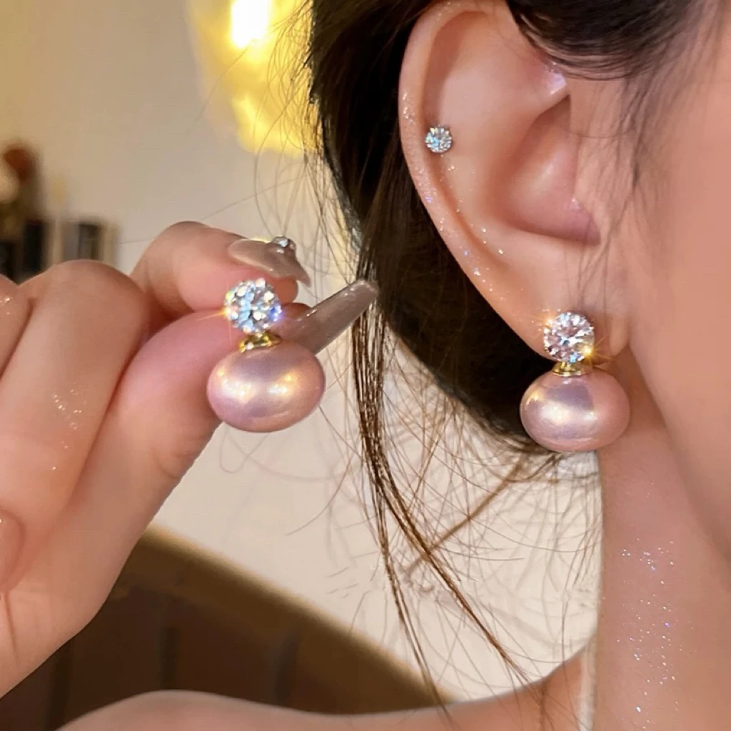 铜合金耳饰 高级感法式优雅粉珠珠耳钉爆款轻奢简约百搭耳饰E143