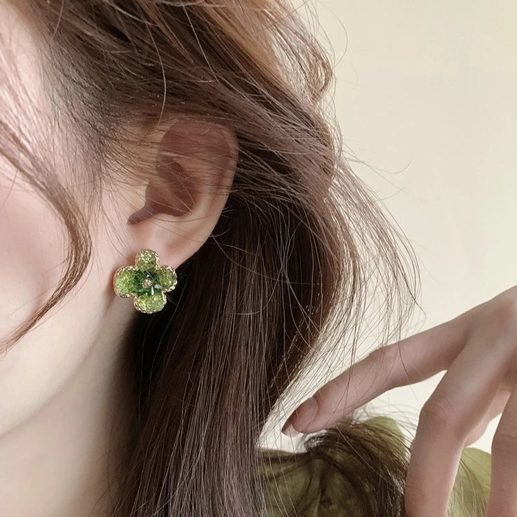 铜合金耳饰 B渐变绿色花朵耳钉清新轻奢精致复古耳饰E1446