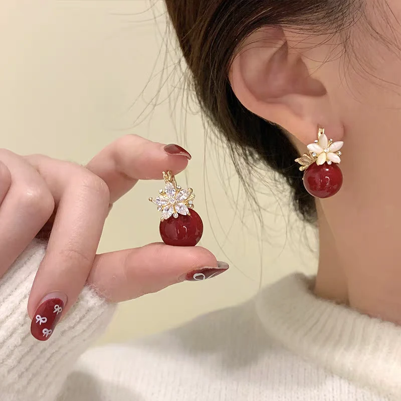 铜合金耳饰 A双面花朵耳扣耳坠安哥拉红时尚设计感花卉耳饰E1495