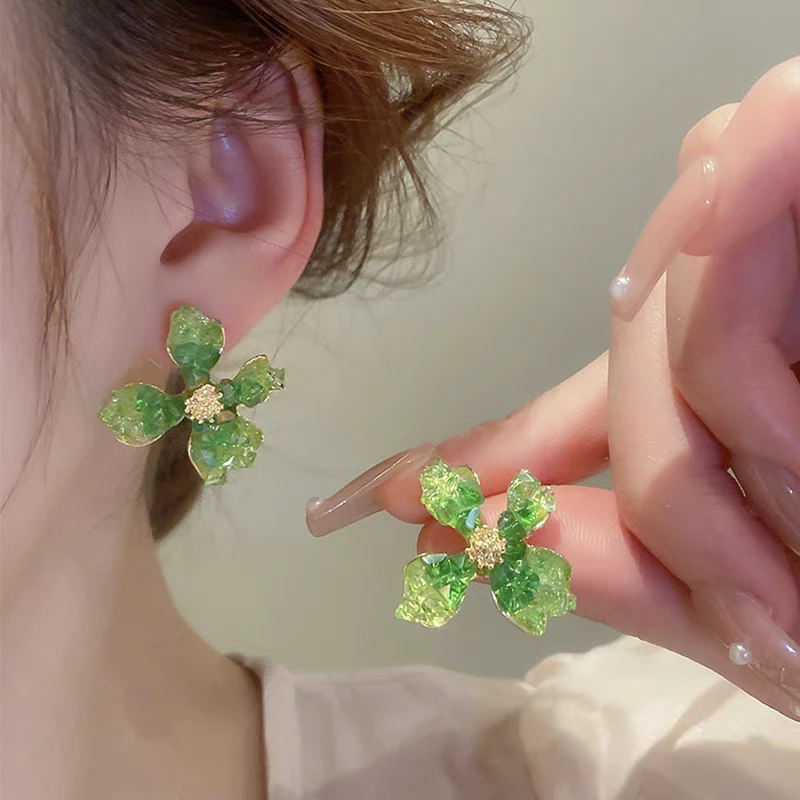 铜合金耳饰 渐变绿色系花朵耳钉时尚大气优雅复古花卉耳饰E1337