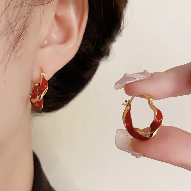 铜合金耳饰 A气质安哥拉红耳扣耳圈设计感优雅百搭时尚耳饰E1664