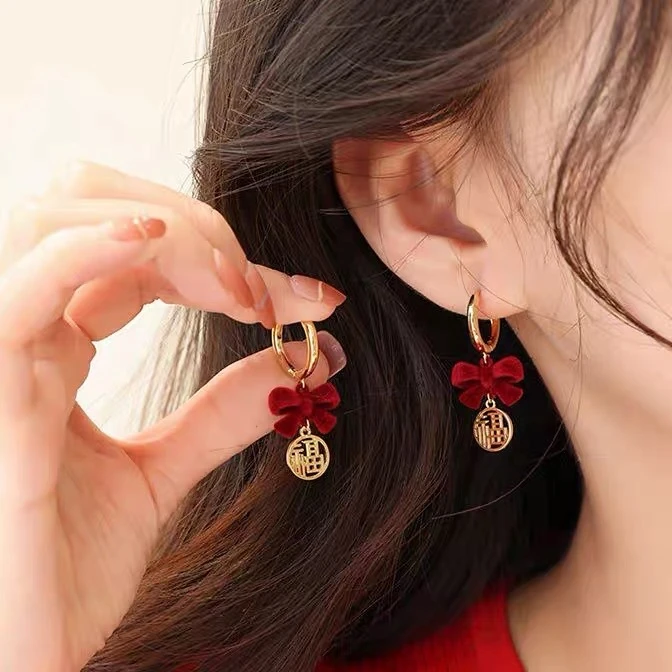 铜合金耳饰 福字蝴蝶结耳坠复古酒红气质甜美百搭小众耳饰E224