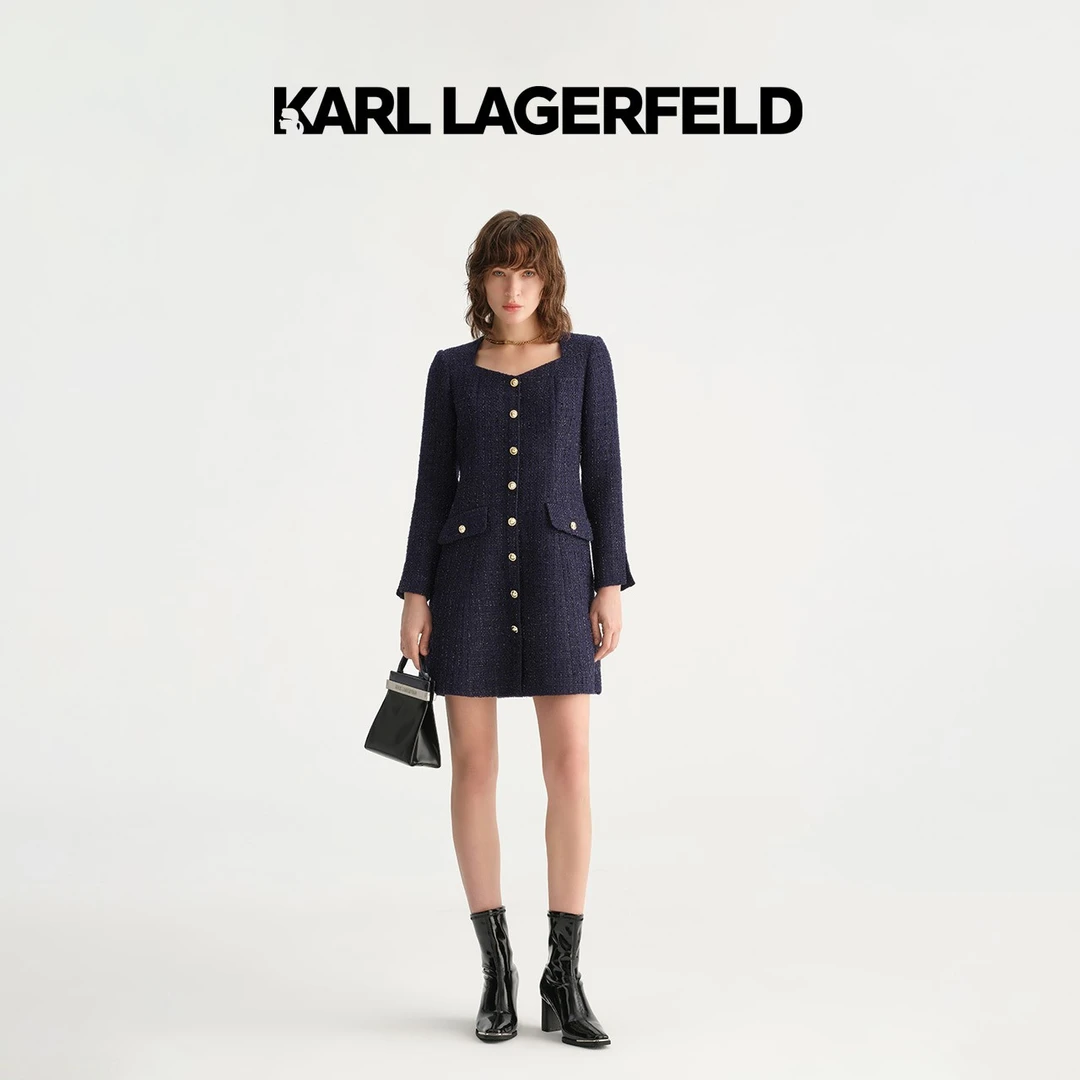 KARL LAGERFELD卡尔拉格斐藏早秋青色长款方领花呢连衣裙E36W1320