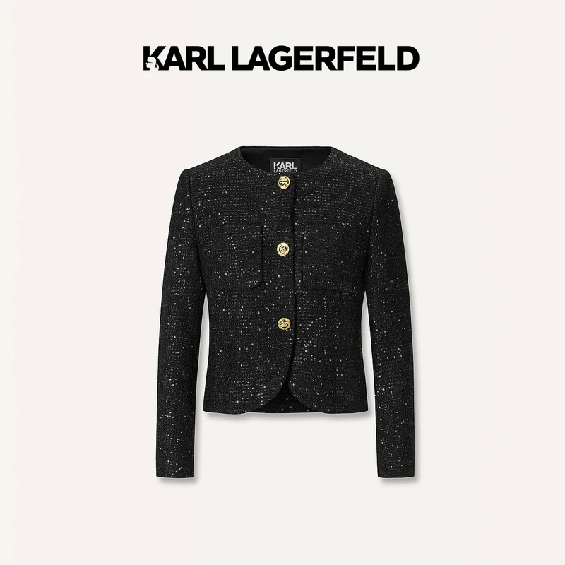 KARL LAGERFELD卡尔拉格斐2024秋季黑色花呢外套老佛爷K26E1503