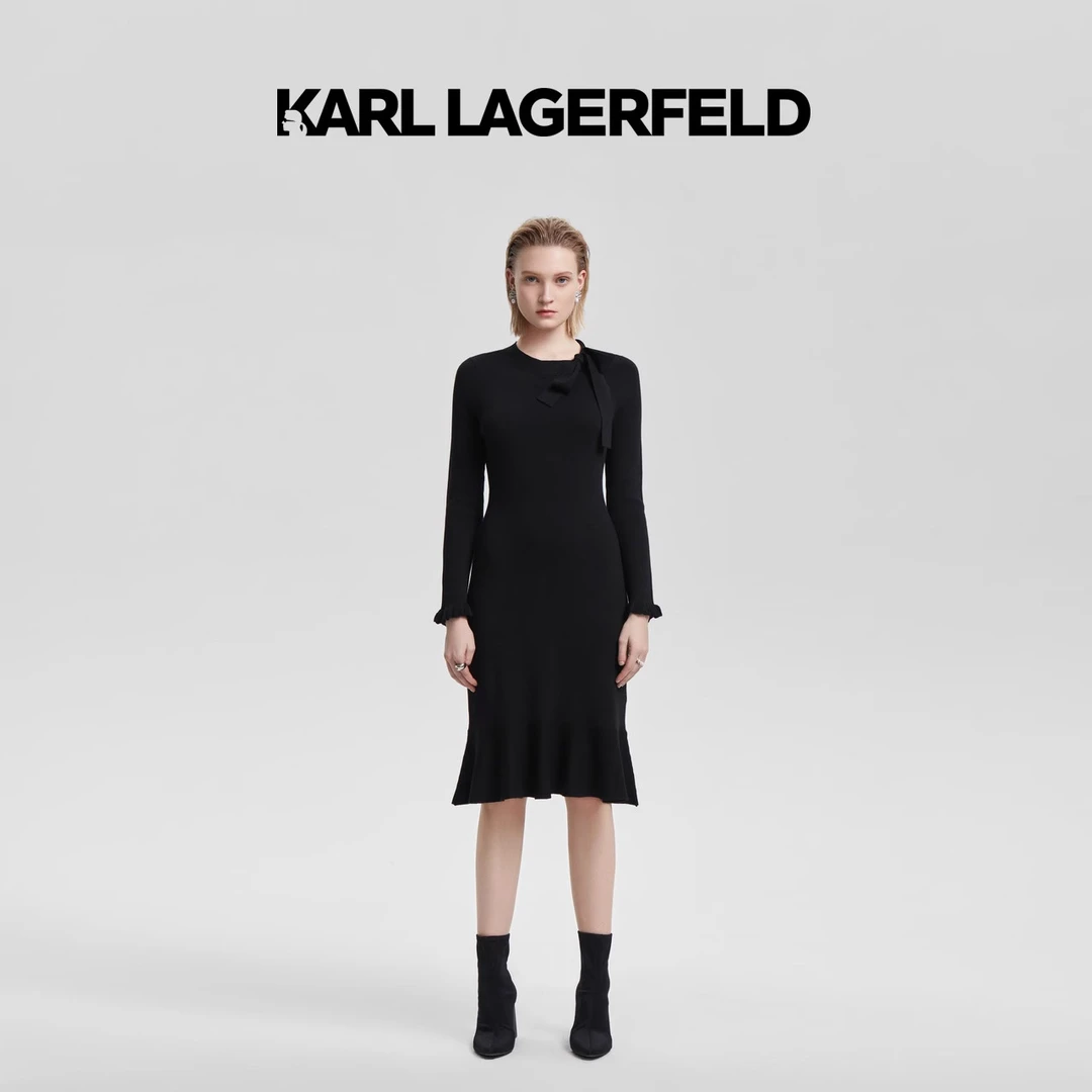 KARL LAGERFELD卡尔拉格斐荷叶边纯黑色简约修身连衣裙E37W1343