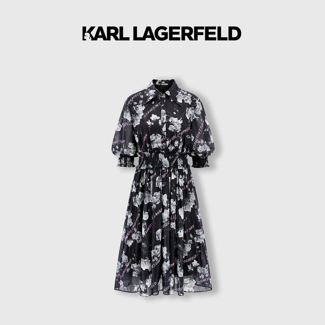 KARL LAGERFELD卡尔拉格斐2023夏款雪纺印花连衣裙老佛爷231L1337