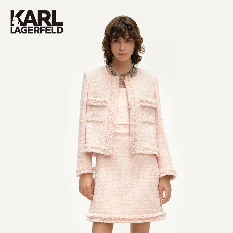 KARL LAGERFELD卡尔拉格斐花呢双袋毛须边箱型小香风外套E37W15C4