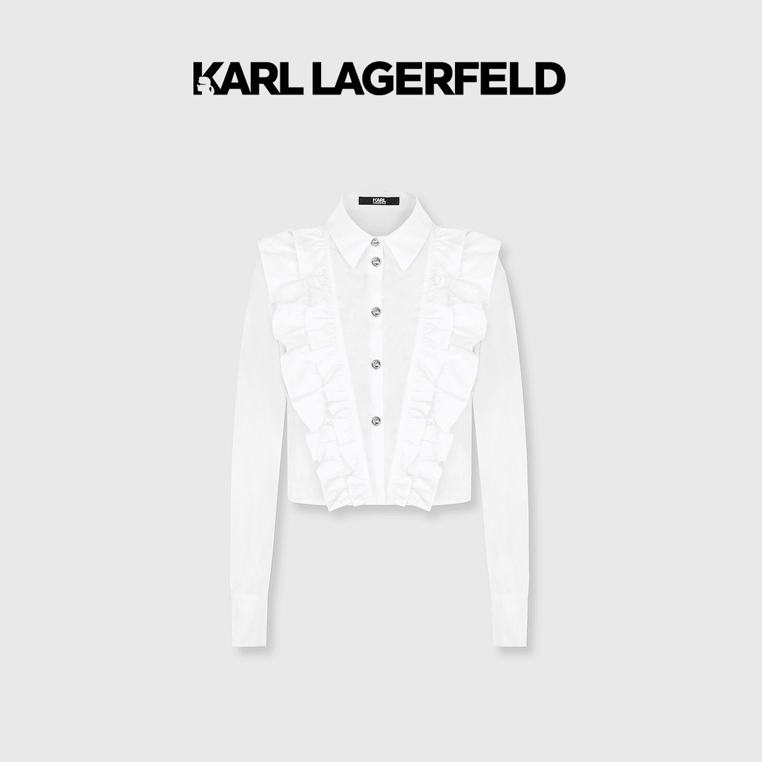 KARL LAGERFELD卡尔拉格斐2023夏季新款荷叶边短款白衬衫E36W1602