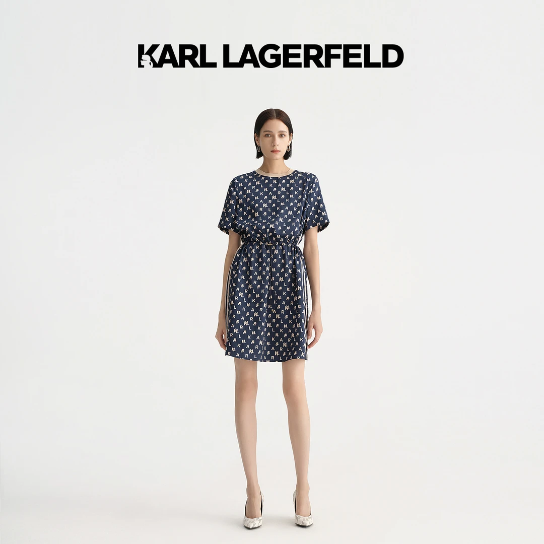 KARL LAGERFELD卡尔拉格斐夏新款藏青色KL满印连衣裙E33L1379