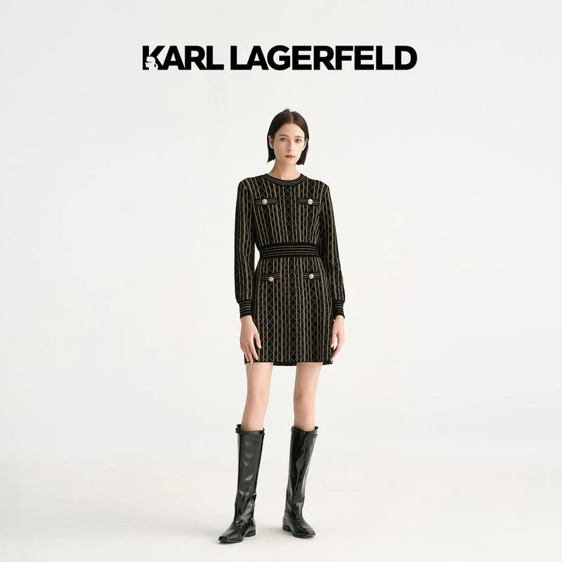 KARL LAGERFELD卡尔拉格斐秋四袋菱格条纹连衣裙E37W1322