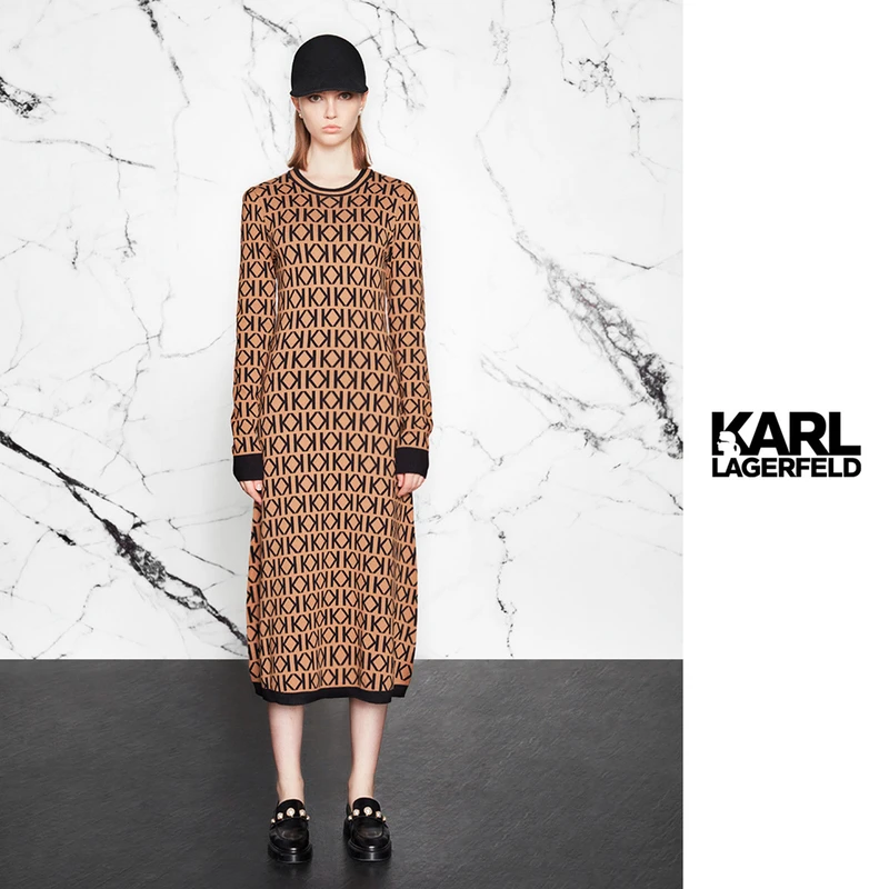 KARL LAGERFELD卡尔拉格斐满秋冬印复古印花连衣裙老佛爷E16L1304