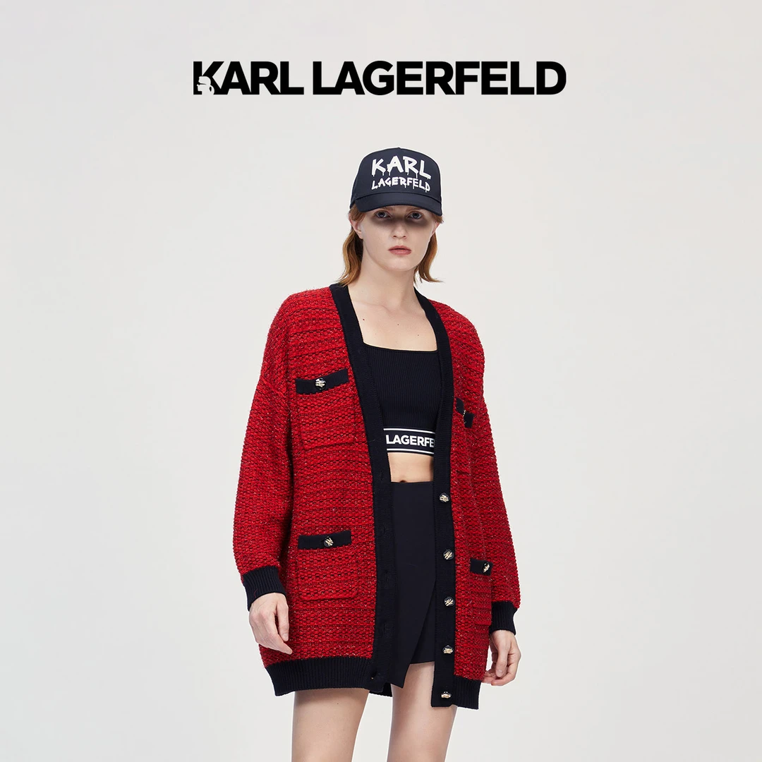 KARL LAGERFELD卡尔拉格斐秋冬新款长款粗花呢开衫老佛爷226L2031