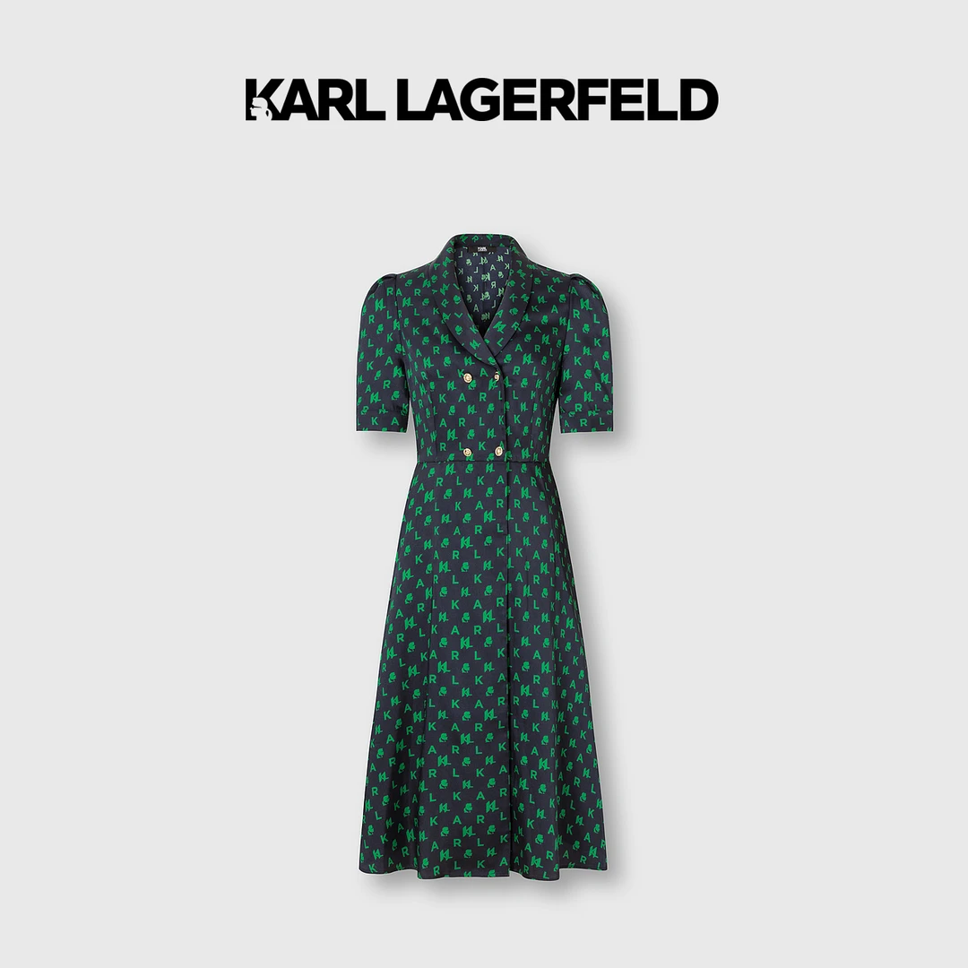 【欧若风】KARL LAGERFELD卡尔拉格斐23夏绿色满印连衣裙E33L1389