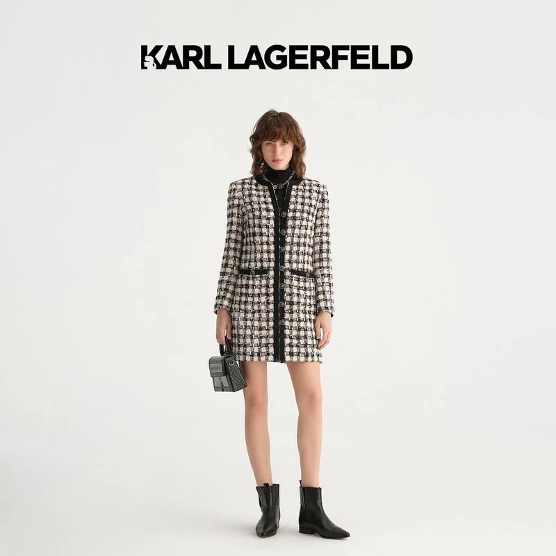 【晨粉专享价】KARL LAGERFELD 斐撞色花呢连衣裙E37W1327