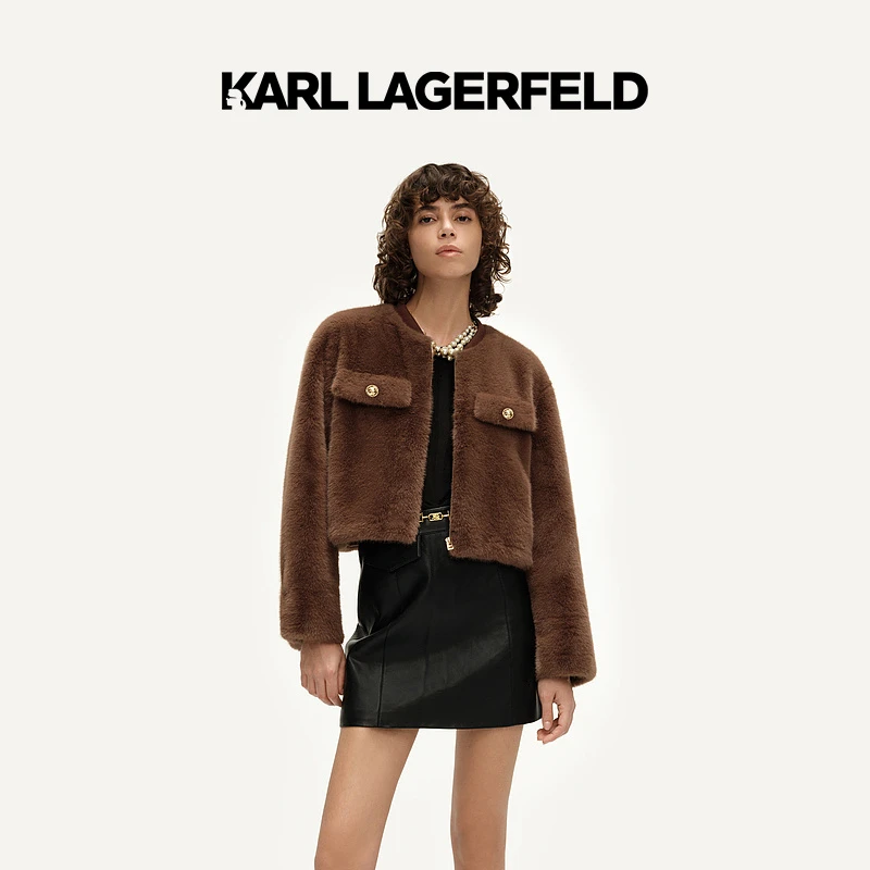 KARL LAGERFELD卡尔拉格斐秋冬新款圆领截短毛外套老佛爷E37W15A5